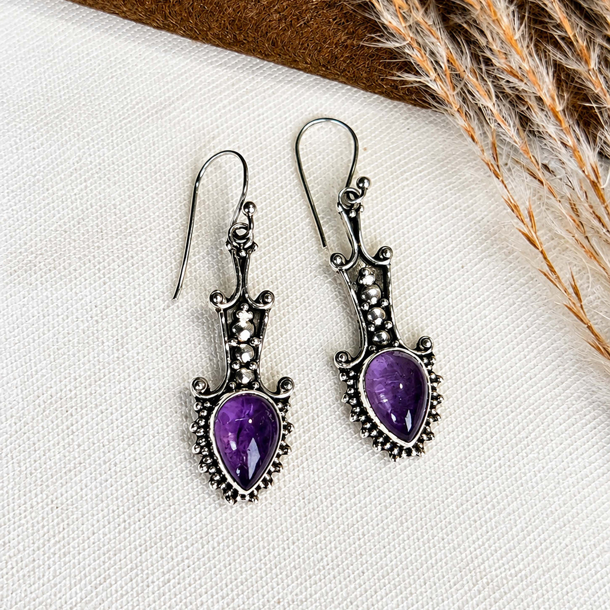 Jamuni - Amethyst Silver Teardrop Drop Earrings