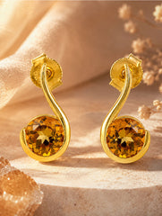 925 Sterling Silver Citrine Gemstone Stud Earrings for Women, Yellow Stone Curved Design Jewellery
