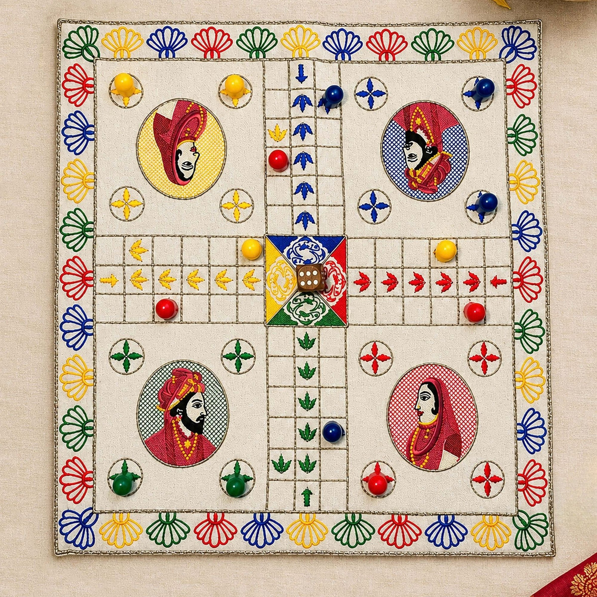 King & Queen Board Game "LUDO" embroidered on cotton fabric with playing dice and wooden coins with a zip pouch