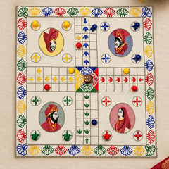 King & Queen Board Game "LUDO" embroidered on cotton fabric with playing dice and wooden coins with a zip pouch