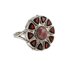 925 Sterling Silver Multi Garnet Flower Ring for Women with Oval Center Stone and Faceted Petal Gemstones