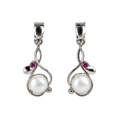 925 Silver Pearl & Ruby Gemstone Earring Round Cabochon in Prong Setting with Curved Drop Design