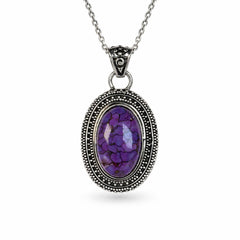 925 Silver Handmade Purple Turquoise Oval Gemstone Pendant with Oxidised Beaded Design
