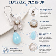 925 Sterling Silver Blue Chalcedony Gemstone Floral Drop Earrings for Women