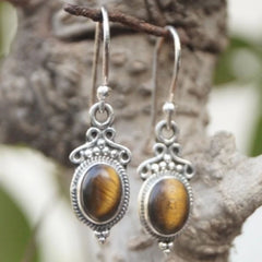 Beej – Tiger Eye Silver Drop Earrings
