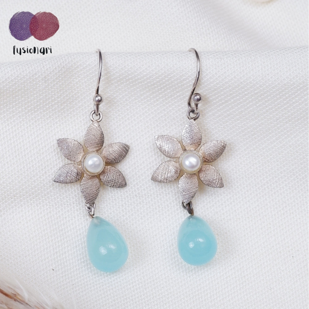 925 Sterling Silver Blue Chalcedony Gemstone Floral Drop Earrings for Women