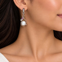 925 Silver Pearl & Ruby Gemstone Earring Round Cabochon in Prong Setting with Curved Drop Design