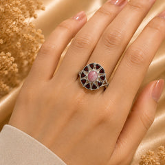 925 Sterling Silver Multi Garnet Flower Ring for Women with Oval Center Stone and Faceted Petal Gemstones