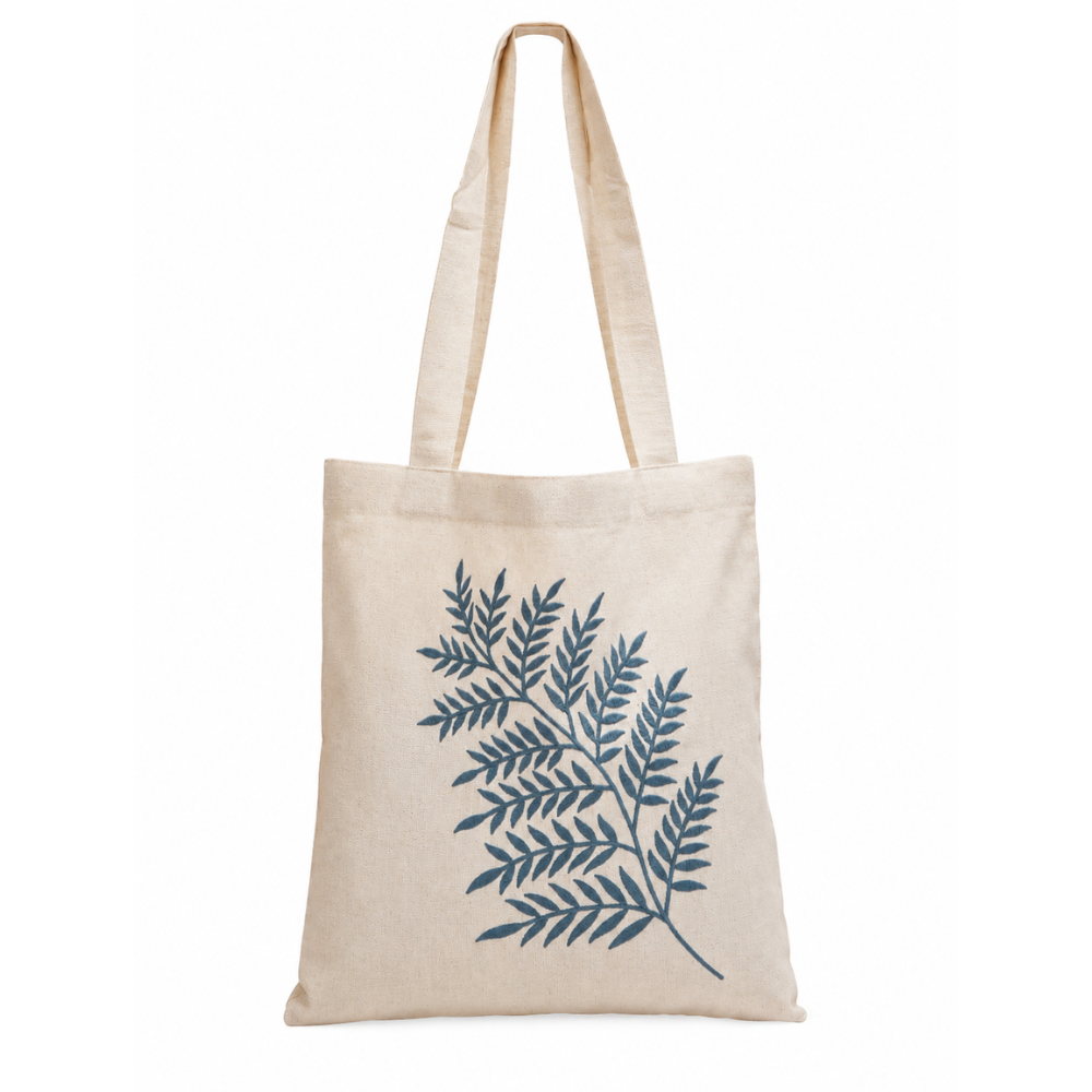 Handmade White Flex Cotton Tote Bag with Leaf Embroidery Shoulder Bag