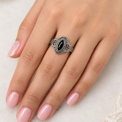 925 Silver Ring Black Onyx Oval Gemstone Cabochon Bezel Setting