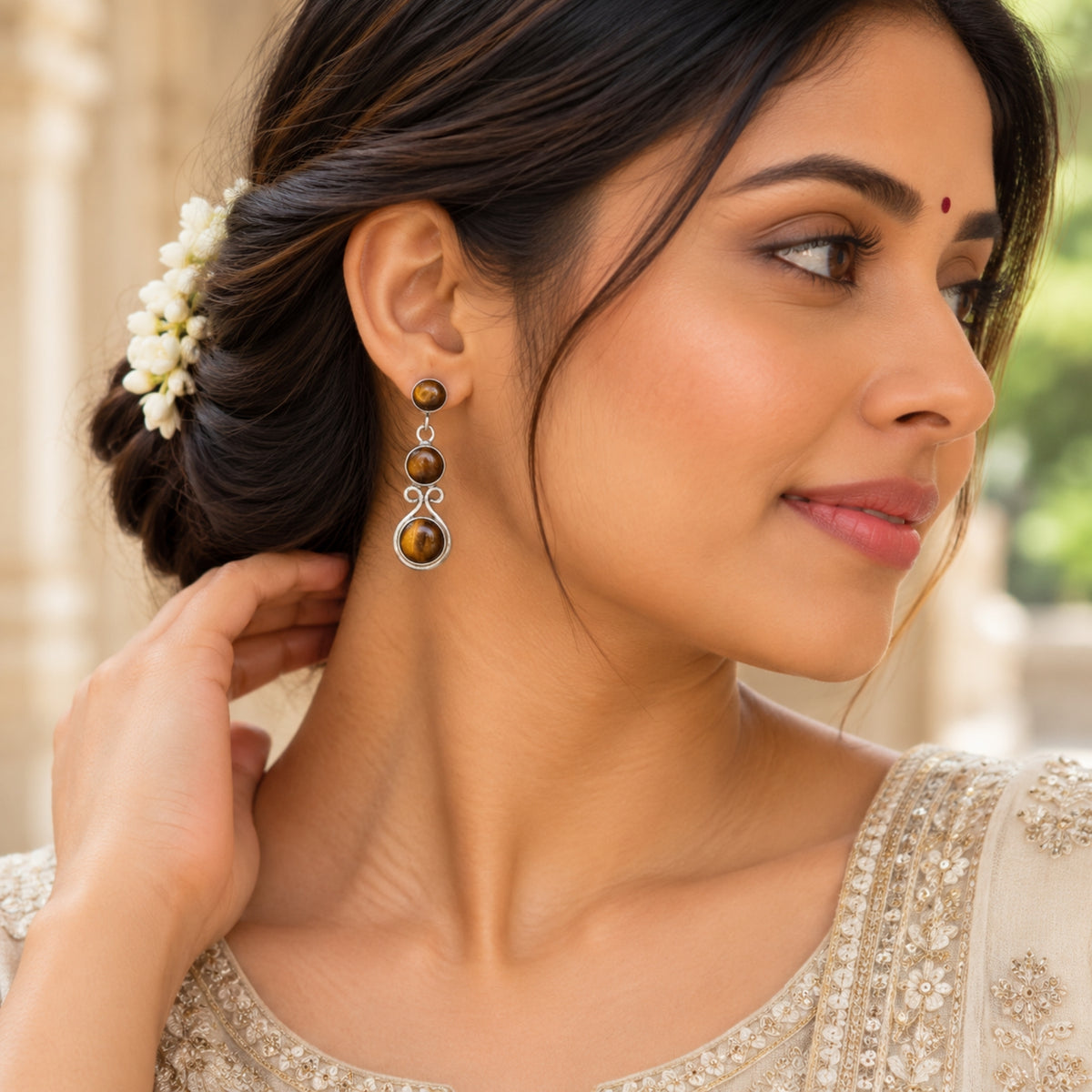 Hiranya Tiger Eye Silver Drop Earrings