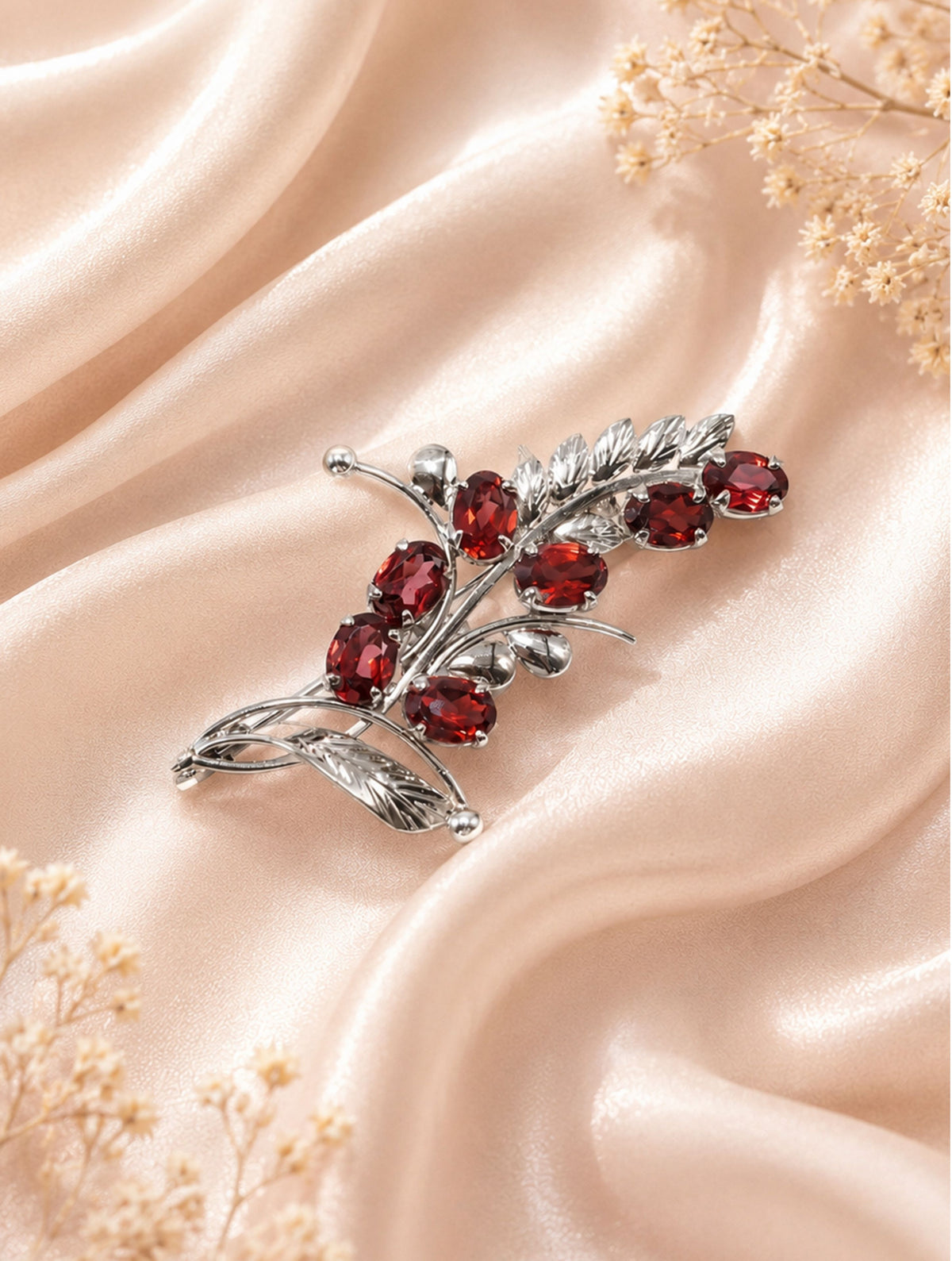 925 Sterling Silver Garnet Gemstone Leaf Brooch Pin for Women and Girls