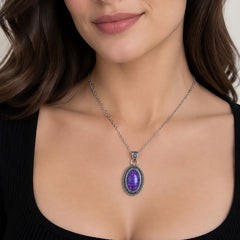 925 Silver Handmade Purple Turquoise Oval Gemstone Pendant with Oxidised Beaded Design