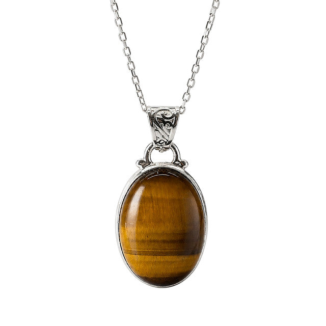 925 Sterling Silver Golden Brown Tiger Eye Oval Gemstone Pendant