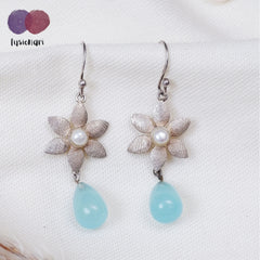 925 Sterling Silver Blue Chalcedony Gemstone Floral Drop Earrings for Women