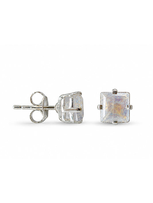 FUSIONARI 925 Sterling Silver Moonstone Square Stud Earrings White Gemstone Jewelry