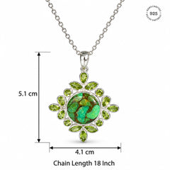 925 Silver Handmade Turquoise & Peridot Gemstone Round Floral Leaf Design