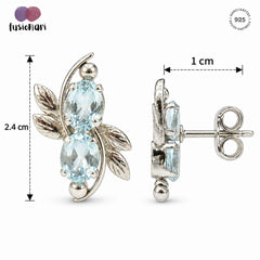 FUSIONARI 925 Sterling Silver Blue Topaz Gemstone Leaf Stone Stud Earrings