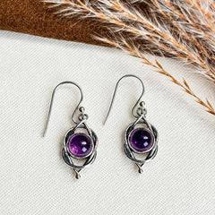 Vritta - Amethyst Silver Round Loop Drop Earrings