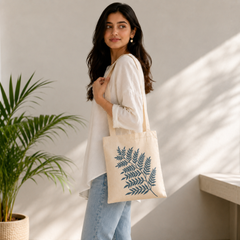 Handmade White Flex Cotton Tote Bag with Leaf Embroidery Shoulder Bag