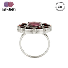 925 Sterling Silver Multi Garnet Flower Ring for Women with Oval Center Stone and Faceted Petal Gemstones