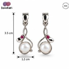 925 Silver Pearl & Ruby Gemstone Earring Round Cabochon in Prong Setting with Curved Drop Design