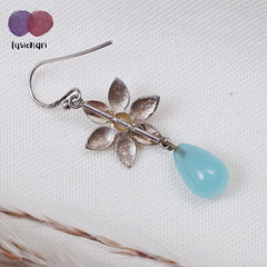 925 Sterling Silver Blue Chalcedony Gemstone Floral Drop Earrings for Women
