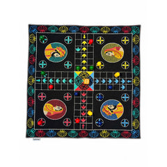 Board Game "LUDO" King & Queen Embroidered Cotton Fabric Mat with Colourful Wooden Playing Coins, Dice and Zip Pouch, Traditional Four Player Game