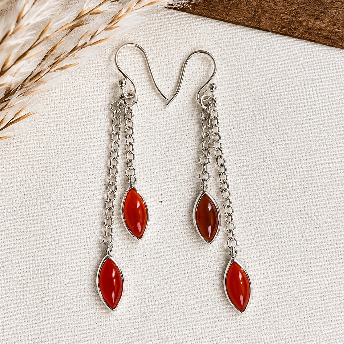 Dhara - Carnelian Silver Marquise Drop Earrings
