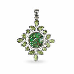 925 Silver Handmade Turquoise & Peridot Gemstone Round Floral Leaf Design