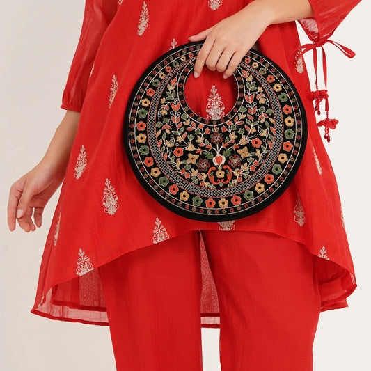 Black Suede Floral Embroidered Round Handbag, Hand Purse, Clutches with Thread Work for Women & Girls