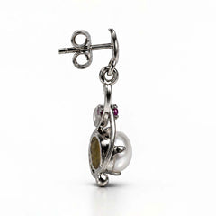 925 Silver Pearl & Ruby Gemstone Earring Round Cabochon in Prong Setting with Curved Drop Design