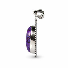 925 Silver Handmade Purple Turquoise Oval Gemstone Pendant with Oxidised Beaded Design