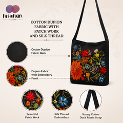 Handmade Floral Crossbody Black Bag made from Dupion & cotton Duck Fabric with Embroidery For Women & Girls