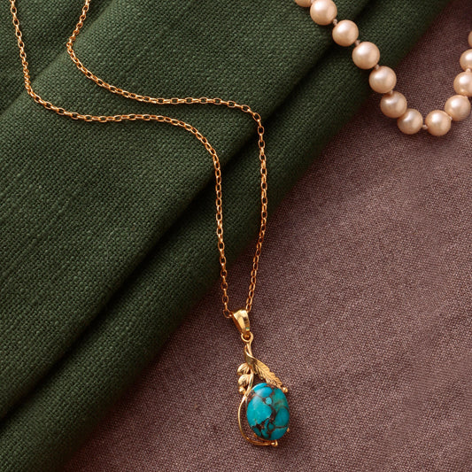 925 Sterling Silver Gold Plated Turquoise Pendant with 18" Chain for Women, Handcrafted Gemstone Jewelry