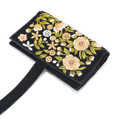 Handmade Jewelry Roll Bag, Black Soft Suede Fabric with Gold Thread Embroidery