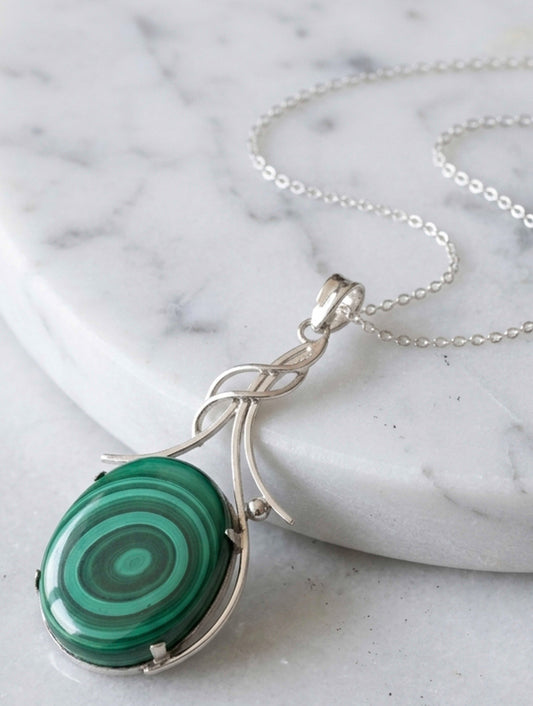 925 Sterling Silver Malachite Pendant With 18 Inch Chain Handmade Gemstone Necklace for Women Elegant Jewelry Gift