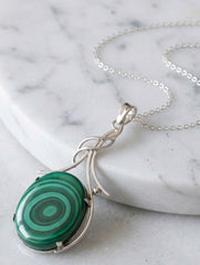 925 Sterling Silver Malachite Pendant With 18 Inch Chain Handmade Gemstone Necklace for Women Elegant Jewelry Gift