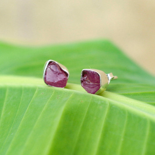 925 Sterling Silver Ruby Stud Earrings for Women | Handcrafted Pink Ruby Gemstone Push Back Eartops | Daily & Festive Wear