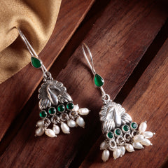 Fusionari 925 Sterling Silver Earrings with Emerald Stone | Handmade Minimalist Jewelry | Elegant Timeless Design | Size 6x2.5 cm | One Pair
