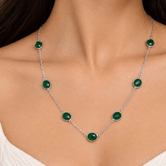 925 Silver Green Onyx Gemstone Necklace Round Cabochon Cut in Bezel Setting with Link Chain Design