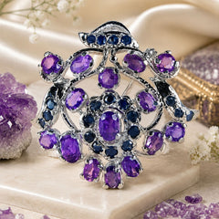 925 Sterling Silver Amethyst & Blue Sapphire Floral Pin, Purple Gemstone Brooch with Leaf Design for Women