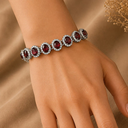 925 Silver Garnet Bracelet with Oval Gemstone Handmade in Prong Setting with Lobster Claw Closure