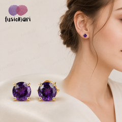 925 Sterling Silver Gold Plated  Amethyst Stud Earrings for Women | Gemstone Stud Eartop | Handmade Silver Jewelry | Elegant Daily Wear Gift