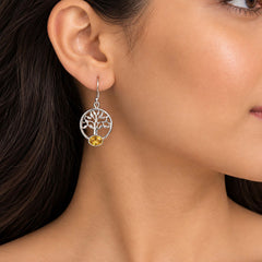925 Silver Citrine Gemstone Earring Oval Cabochon in Bezel Setting with Tree Design and Hook Earwire