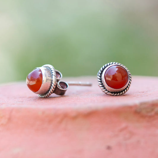 Fusionari 925 Sterling Silver Carnelian Stud Earrings for Women | Minimal Gemstone Eartops for Daily Wear