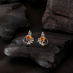 Fusionari 925 Sterling Silver Earrings with Citrine | Handmade Minimalist Jewelry | Elegant Timeless Design | Size 1.9x1.3 cm | One Pair