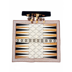 Backgammon Embroidery Fabric Game Mat with Wooden Coins and Dice, Traditional Portable Board Game