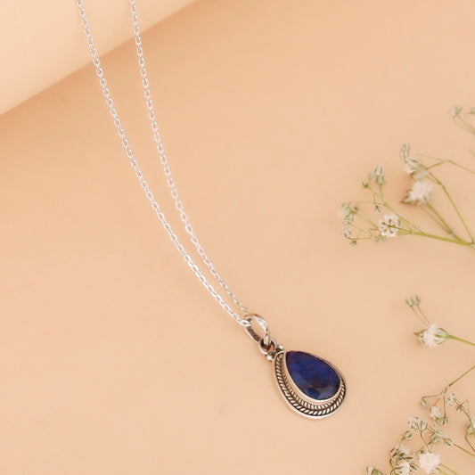 Fusionari 925 Sterling Silver Lapis Pendant Necklace for Women with 18" Chain | Handmade Minimalist Jewelry | Elegant Sparkling Design | Size 2.4x1.2 cm |