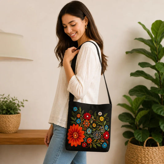 Handmade Floral Crossbody Black Bag made from Dupion & cotton Duck Fabric with Embroidery For Women & Girls